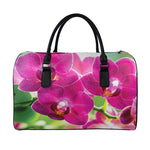 Magenta Orchid Flower Print Leather Duffle Bag