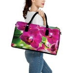 Magenta Orchid Flower Print Leather Duffle Bag