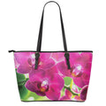 Magenta Orchid Flower Print Leather Tote Bag With Zipper
