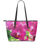 Magenta Orchid Flower Print Leather Tote Bag