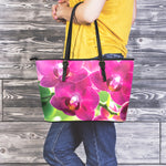 Magenta Orchid Flower Print Leather Tote Bag