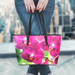 Magenta Orchid Flower Print Leather Tote Bag