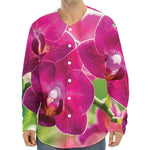 Magenta Orchid Flower Print Long Sleeve Baseball Jersey