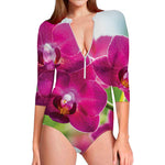 Magenta Orchid Flower Print Long Sleeve Swimsuit