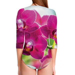 Magenta Orchid Flower Print Long Sleeve Swimsuit