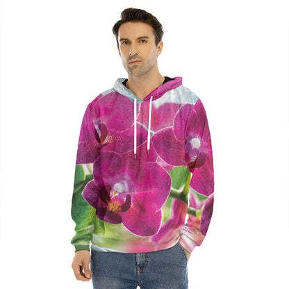 Magenta Orchid Flower Print Men's Velvet Pullover Hoodie