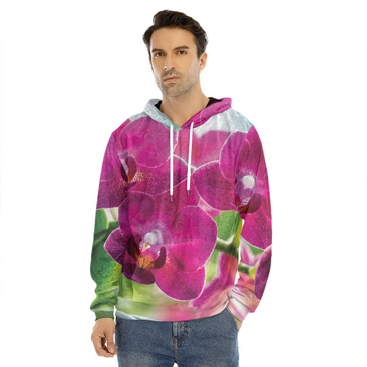 Magenta Orchid Flower Print Men's Velvet Pullover Hoodie