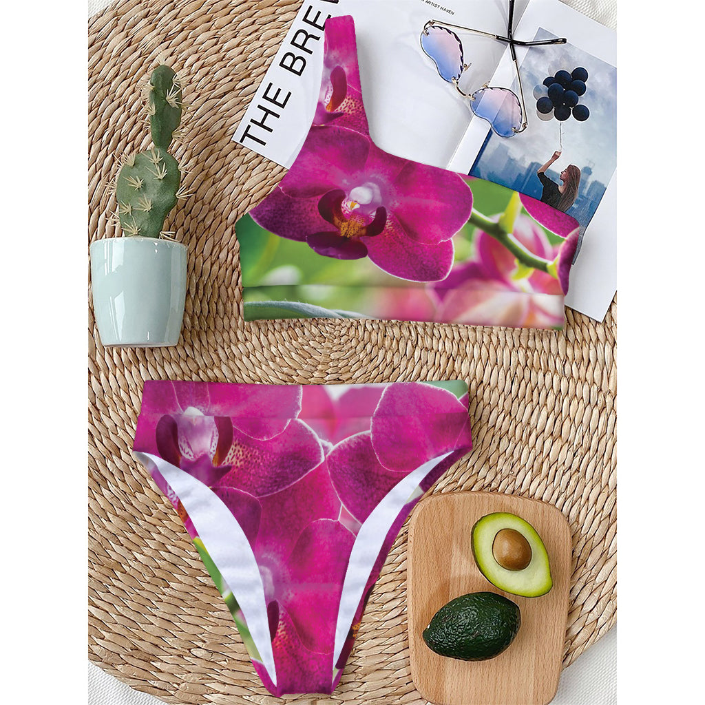 Magenta Orchid Flower Print One Shoulder Bikini Top