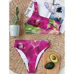 Magenta Orchid Flower Print One Shoulder Bikini Top