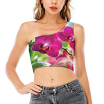 Magenta Orchid Flower Print One Shoulder Crop Top