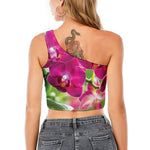 Magenta Orchid Flower Print One Shoulder Crop Top