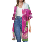 Magenta Orchid Flower Print Open Front Beach Cover Up