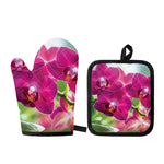 Magenta Orchid Flower Print Oven Mitt And Pot Holder Set