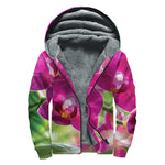 Magenta Orchid Flower Print Sherpa Lined Zip Up Hoodie