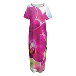 Magenta Orchid Flower Print Short Sleeve Long Nightdress