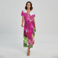 Magenta Orchid Flower Print Short Sleeve Maxi Dress