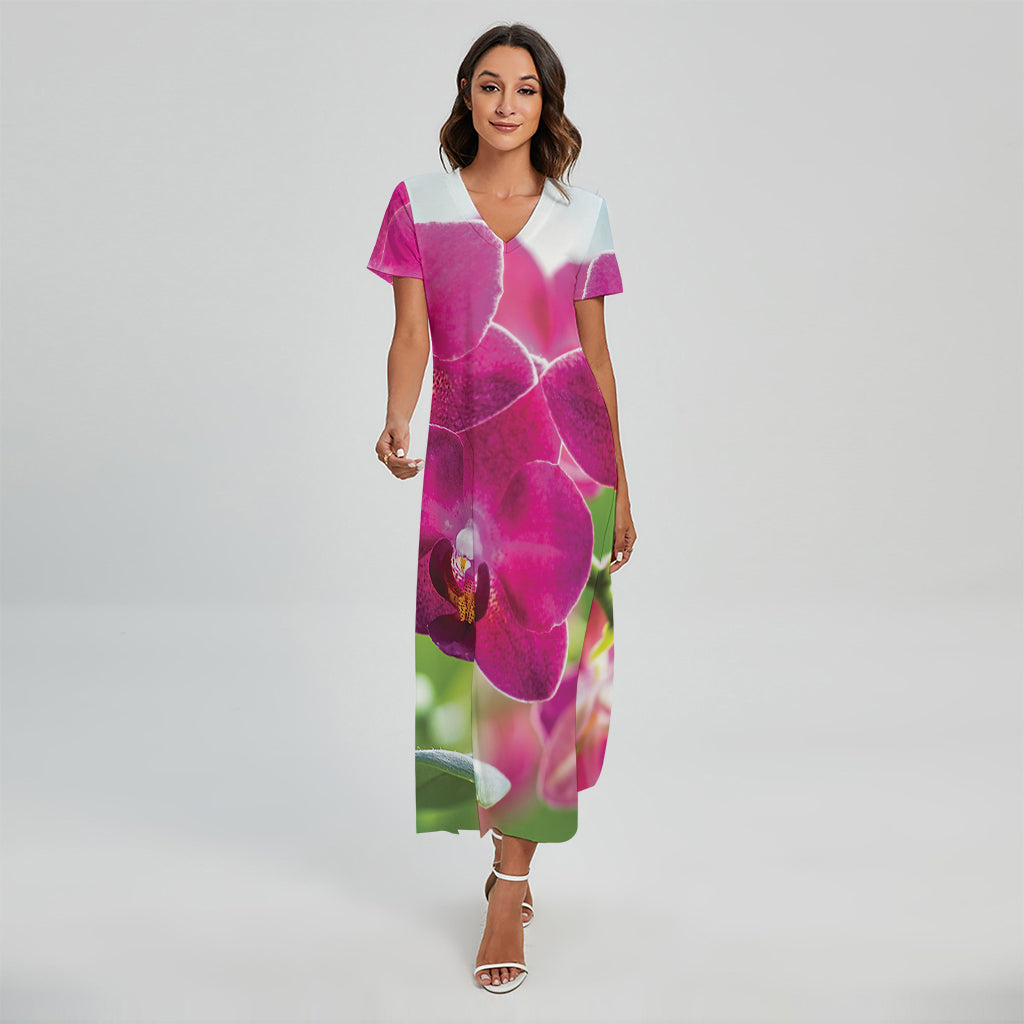 Magenta Orchid Flower Print Short Sleeve Maxi Dress