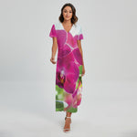 Magenta Orchid Flower Print Short Sleeve Maxi Dress