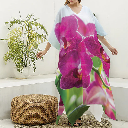 Magenta Orchid Flower Print Silk V-Neck Kaftan Dress