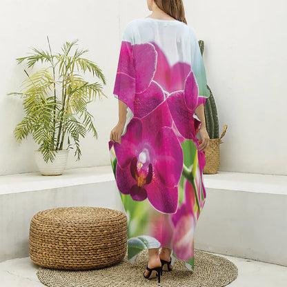 Magenta Orchid Flower Print Silk V-Neck Kaftan Dress