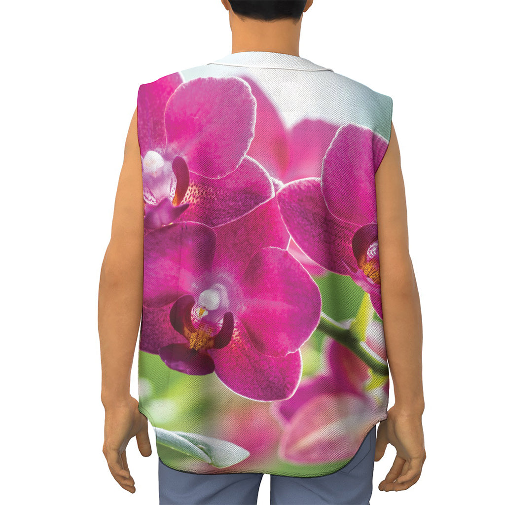 Magenta Orchid Flower Print Sleeveless Baseball Jersey