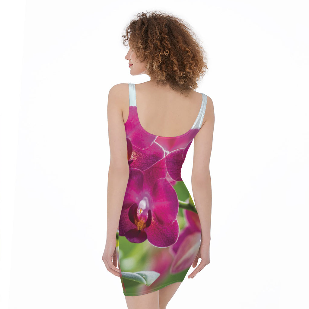 Magenta Orchid Flower Print Sleeveless Bodycon Dress