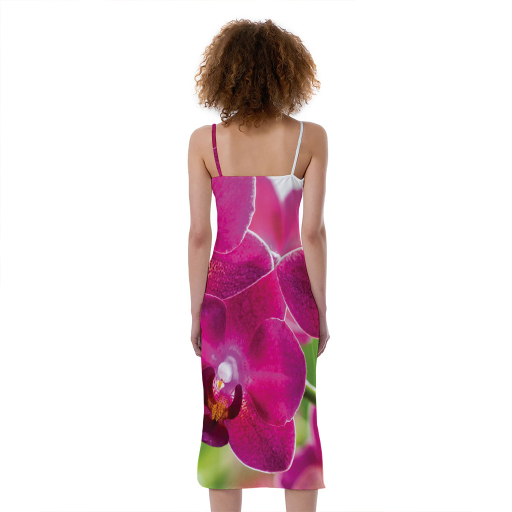 Magenta Orchid Flower Print Slim Fit Midi Cami Dress