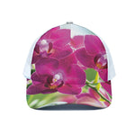 Magenta Orchid Flower Print White Mesh Trucker Cap