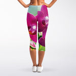 Magenta Orchid Flower Print Women's Capri Leggings