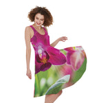 Magenta Orchid Flower Print Women's Sleeveless Dress
