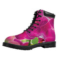 Magenta Orchid Flower Print Padded Collar Lace Up Boots