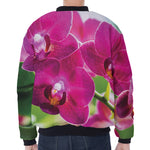 Magenta Orchid Flower Print Zip Sleeve Bomber Jacket
