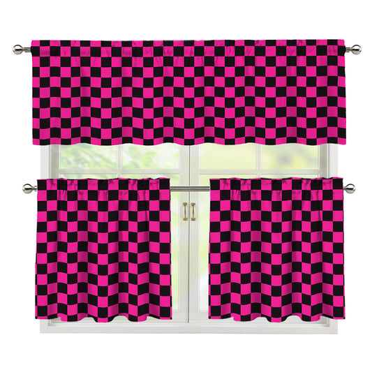 Magenta Pink And Black Checkered Print 3 Piece Kitchen Curtains