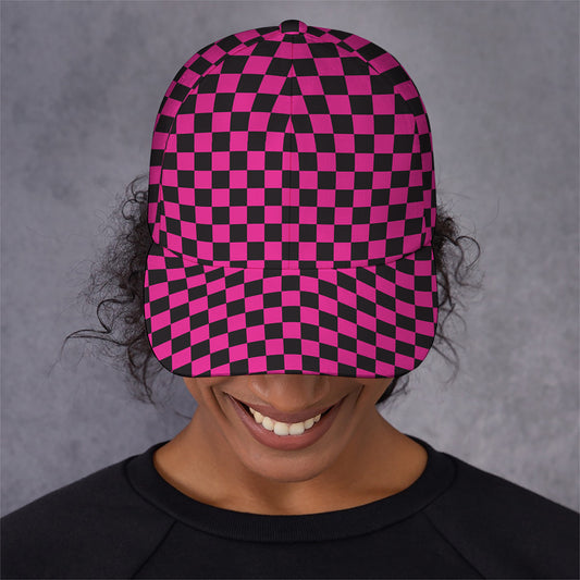 Magenta Pink And Black Checkered Print Baseball Cap