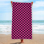 Magenta Pink And Black Checkered Print Beach Towel