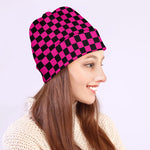 Magenta Pink And Black Checkered Print Beanie