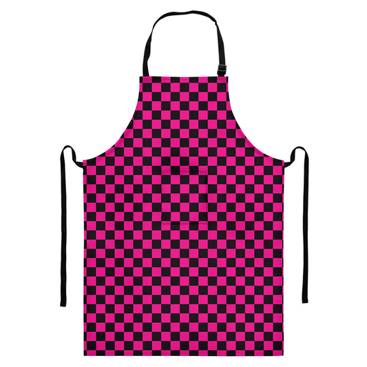 Magenta Pink And Black Checkered Print Bib Apron With Pocket