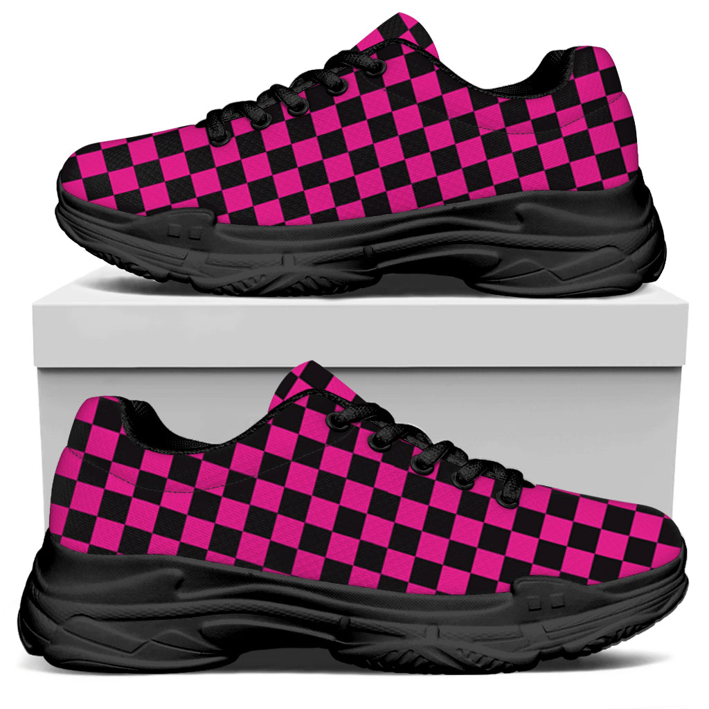 Magenta Pink And Black Checkered Print Black Chunky Shoes