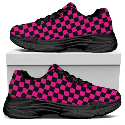 Magenta Pink And Black Checkered Print Black Chunky Shoes