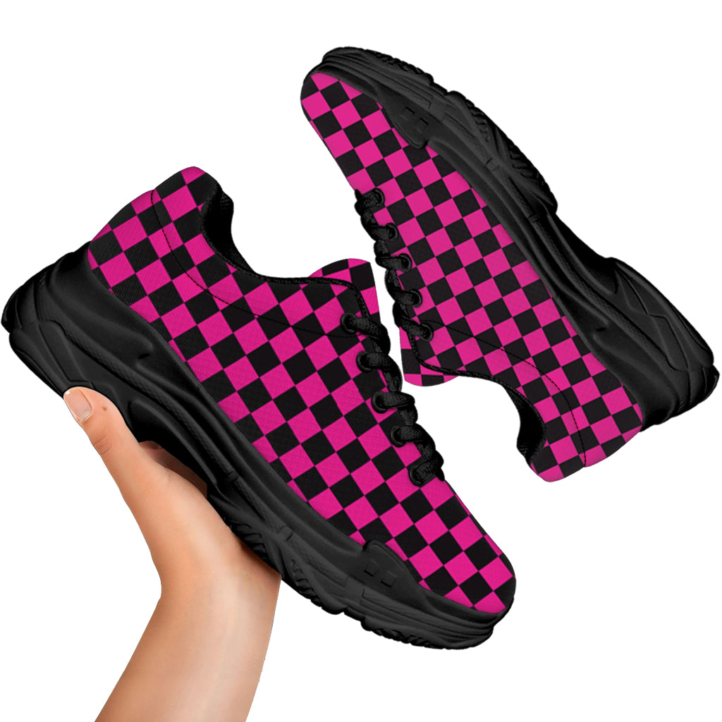 Magenta Pink And Black Checkered Print Black Chunky Shoes