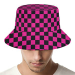 Magenta Pink And Black Checkered Print Bucket Hat