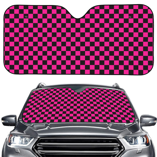 Magenta Pink And Black Checkered Print Car Windshield Sun Shade