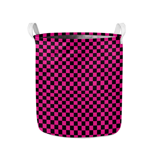 Magenta Pink And Black Checkered Print Collapsible Laundry Basket