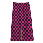 Magenta Pink And Black Checkered Print Cotton Front Slit Maxi Skirt