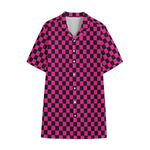 Magenta Pink And Black Checkered Print Cotton Hawaiian Shirt