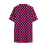 Magenta Pink And Black Checkered Print Cotton Hawaiian Shirt