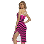 Magenta Pink And Black Checkered Print Cross Back Cami Dress