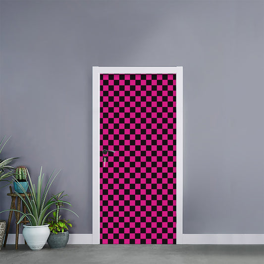 Magenta Pink And Black Checkered Print Door Sticker