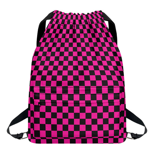 Magenta Pink And Black Checkered Print Drawstring Backpack