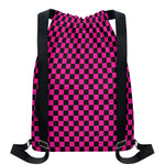 Magenta Pink And Black Checkered Print Drawstring Backpack